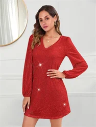 Plus-size women's clothing elegant fashion solid color long-sleeved v-necked slim sequin dress plus-size women's clothing