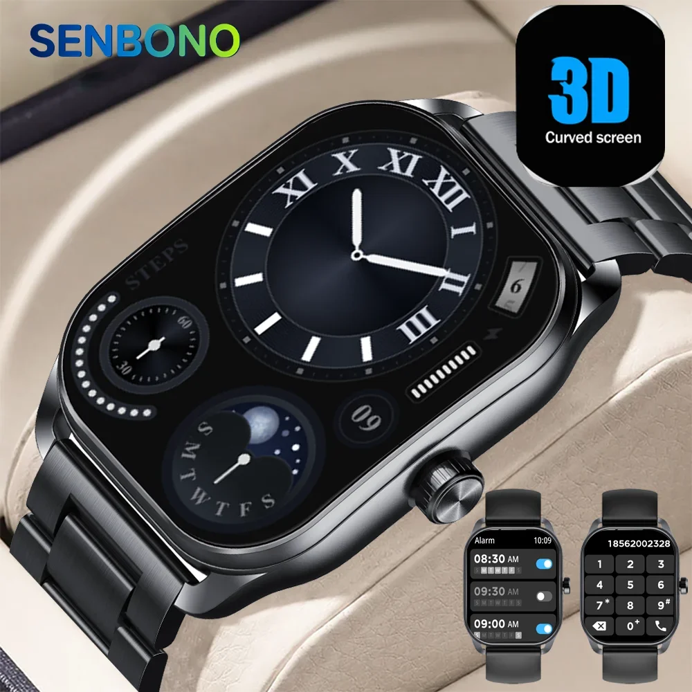 

SENBONO Смарт-часы для мужчин и женщин Bluetooth-монитор сердечного ритма с вызовом 2,01 дюйма 3D изогнутый экран водонепроницаемые спортивные умные часы