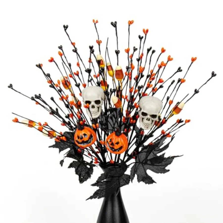 

FloralElegae, 10 упаковок декоративных брекетів на Хэллоуин, 2 головки черепа и 2 стеблей фонаря Джека-о'-фонарика с черными кленовыми листьями, 6 стеблей ягод