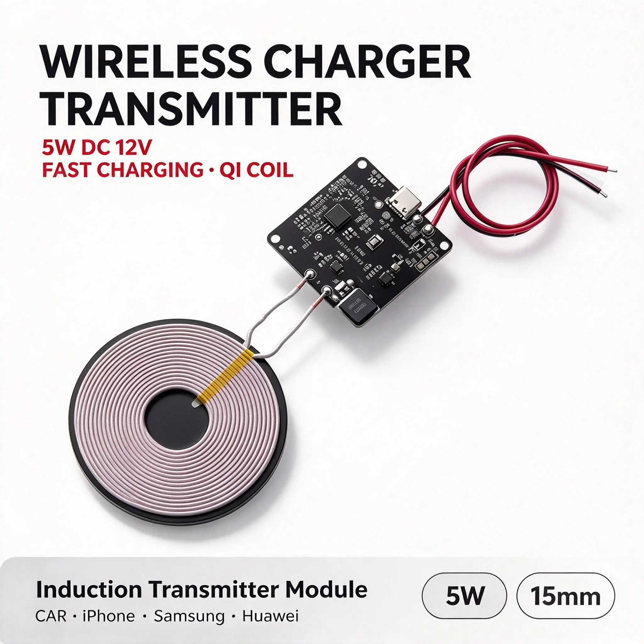 DYKB 15W 10W 7.5W 5W Qi Wireless Charger Transmitter Module 5-15mm Hidden DIY for Furniture Table Desk Car Wood Glass QC3.0