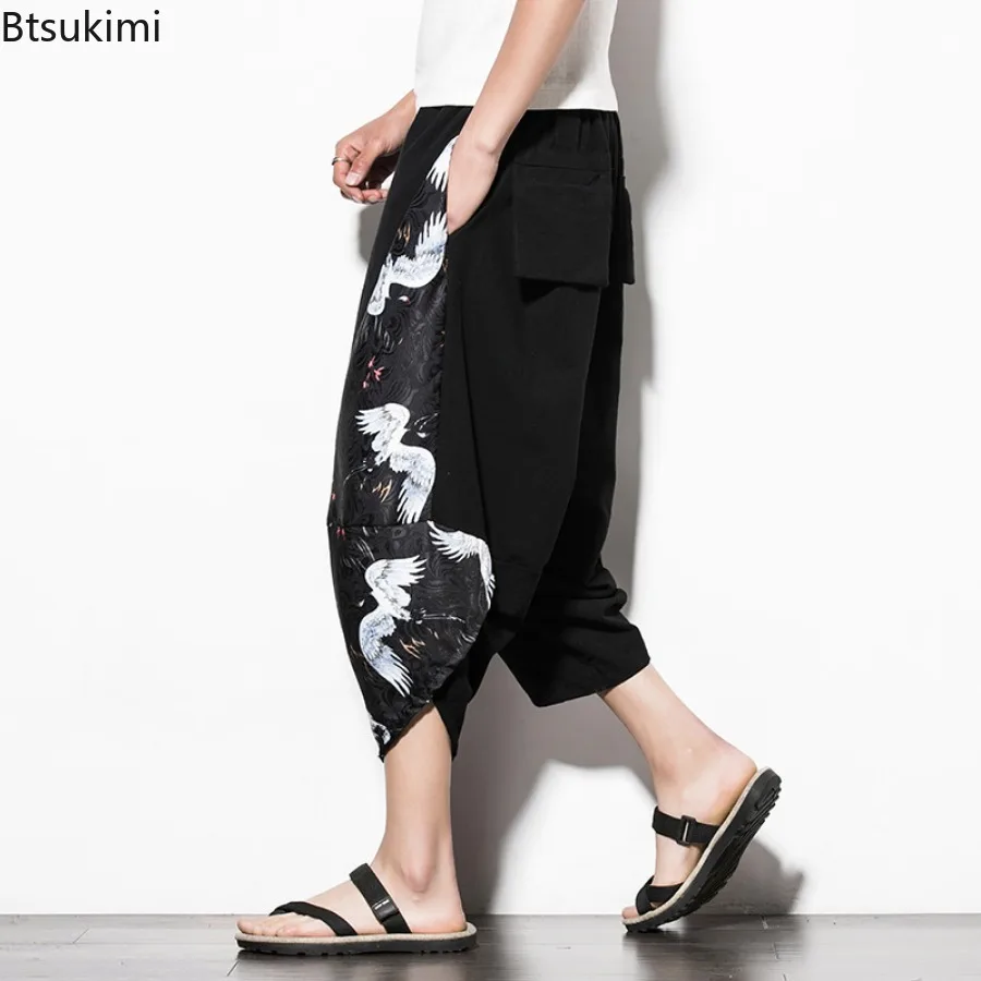 2024 Summer Men's Casual Hipster Cotton Linen Harem Pants Chinese Style Printed Calf-length Pants Men Streetwear Pants Oversized