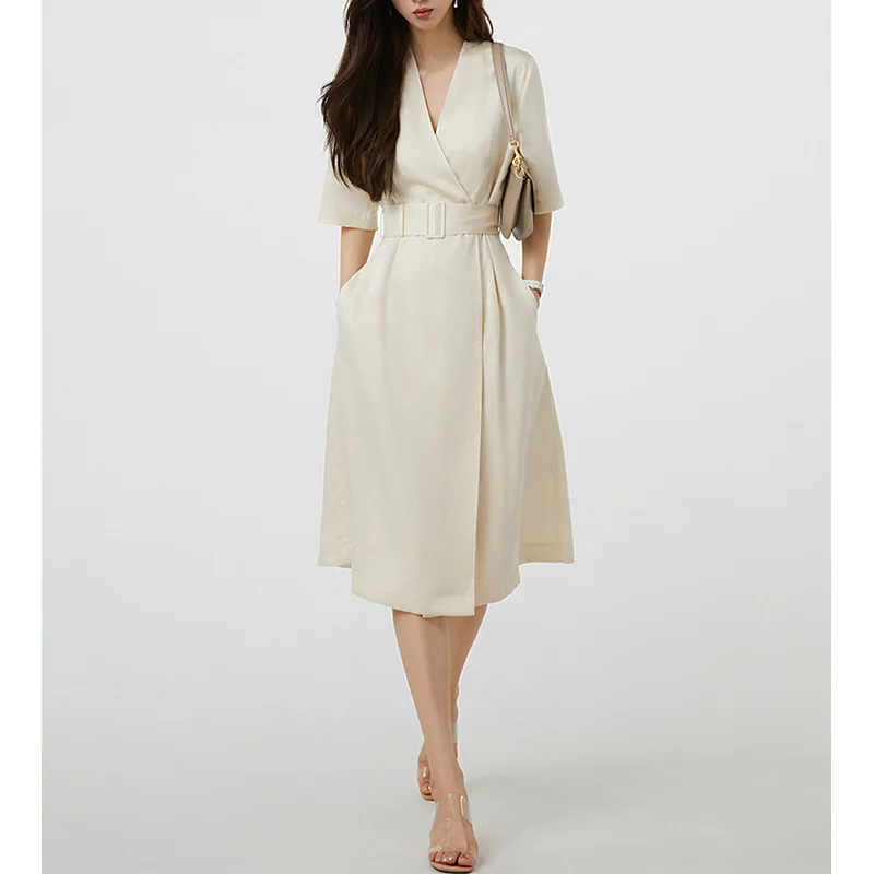 2024 New V-Neck Slim Waist Dress With Belt Women\'s Half Sleeve Temperament Linen Silk Dress 50% Silk 50% Linen Vintage Dress