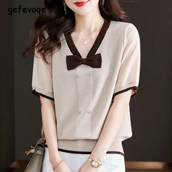 summer casual fashion bow v-neck knitting t-shirt female short sleeve loose all-match top women simple comfortable mesh tee