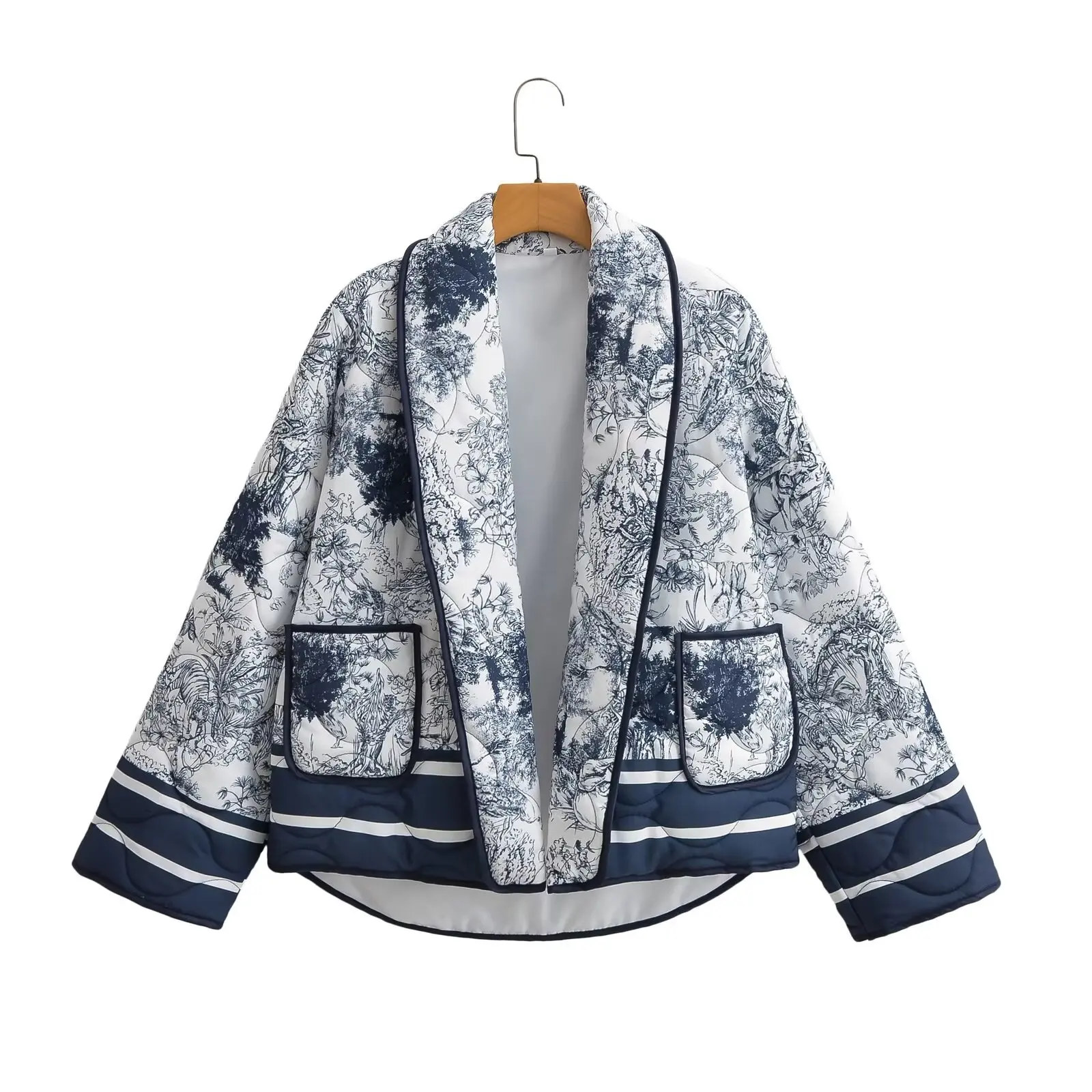 New Printed Double Pocket Cotton Jacket for Women\'s Fashionable Cotton Jacket