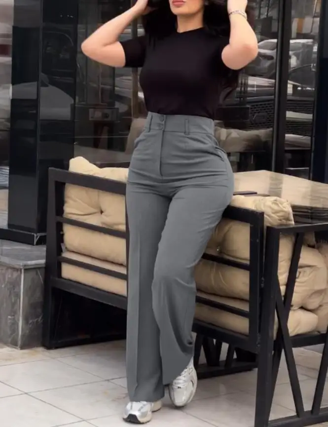 Women's Pants Fashion High Waist Zipper Fly Elastic Back Waist Trousers Casual Wide Leg Pants Temperament Commuting Casual Pants