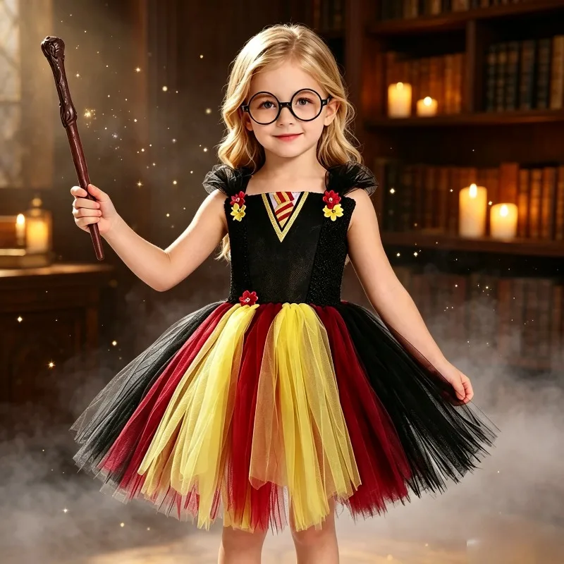 Girls Wizard School Tutu Dress Kids Magical Academy Costumes with Glasses Magic Wand Children Halloween Birthday Fancy Outfit