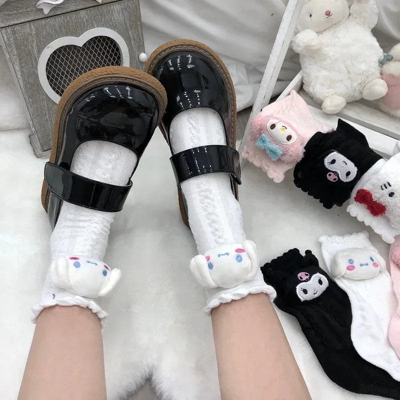 Anime Cartoon My Melody Kuromi KT Cat Cinnamoroll Kawaii New Plush Knitted Socks Cute Flower Edge Girl Lolita Middle Tube Socks