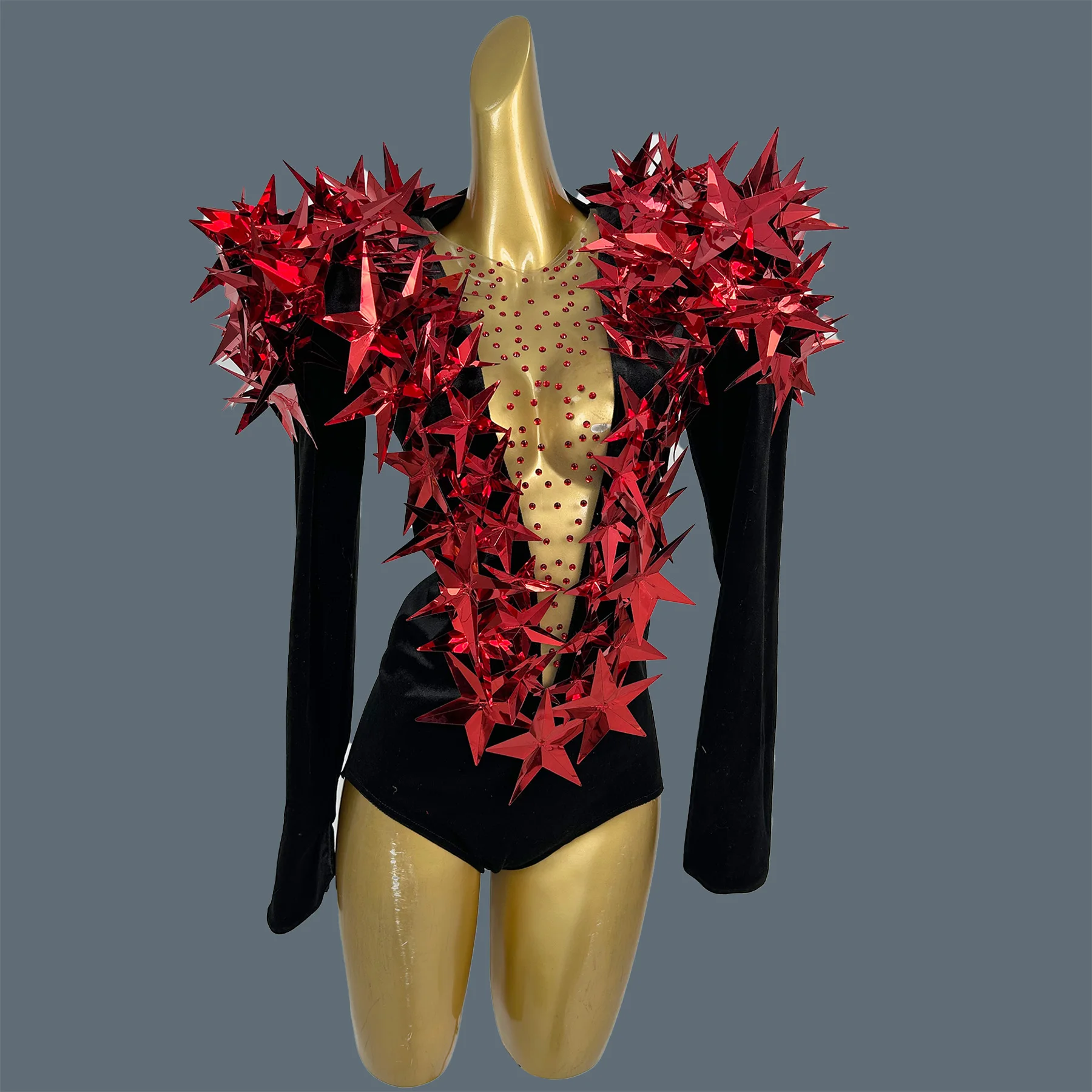 

Showgirl Singer Five-pointed Star Deep V Neck Bodysuit Bandage Velvet Dance Outfit Drag Queen Performer Sequins Wear Hengxing
