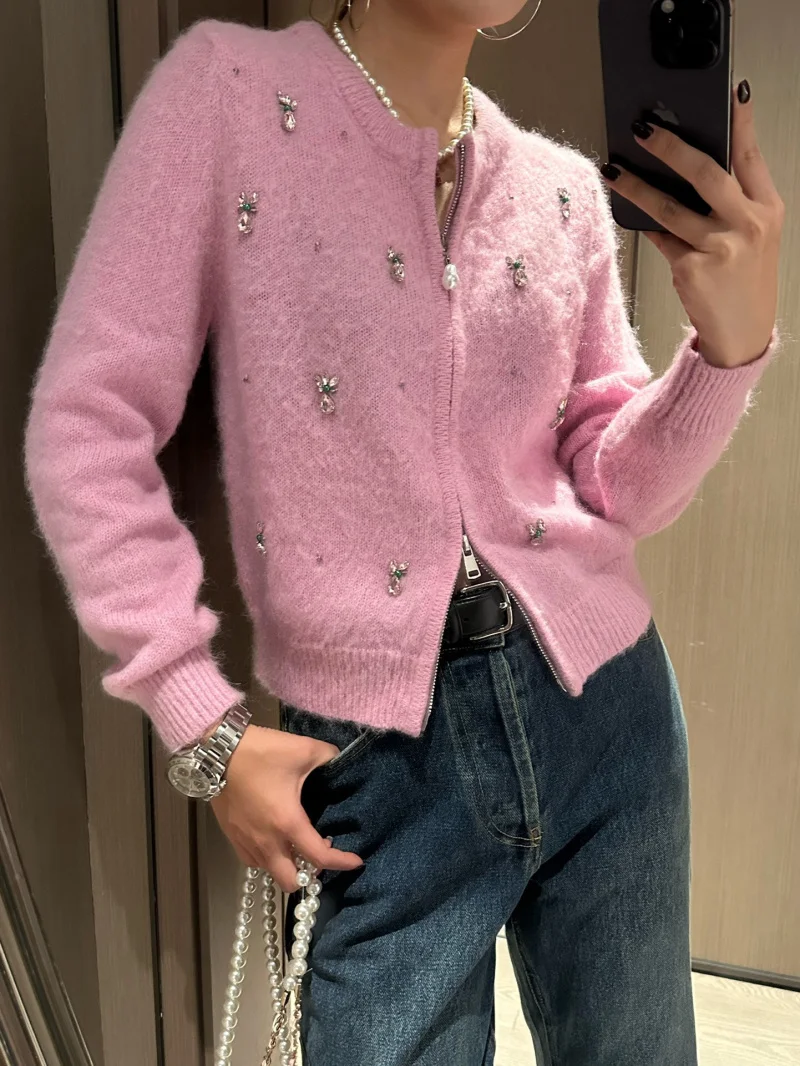 2024 Diamonds Trim Wool Mohair Cardigan For Women High Quality O-Neck Long Sleeve Pearl Zipper-Up Knitted Cardigans Lady