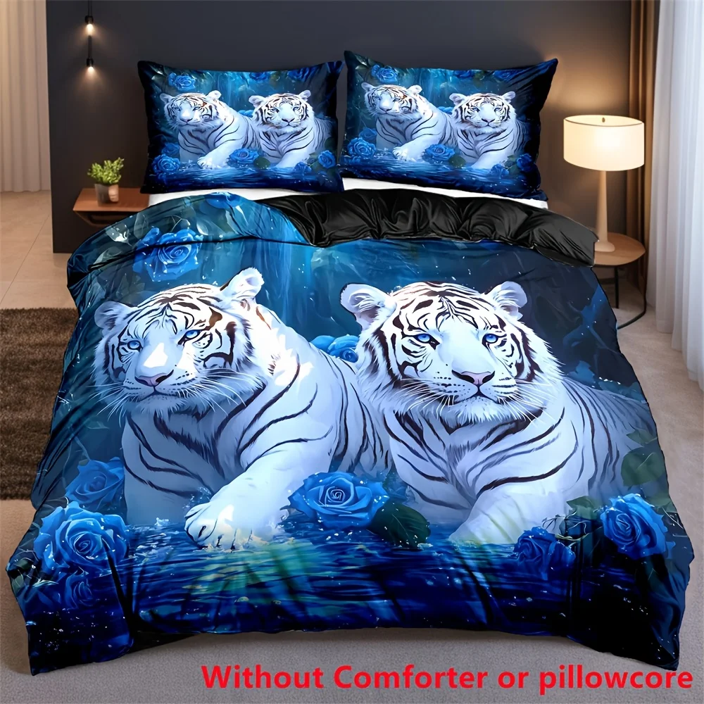 

2/3pcs Domineering White Tiger Animal Print Duvet Cover Set 1 Duvet Cover + 1/2 Pillowcase, Without Core, Blue Rose Forest Lake