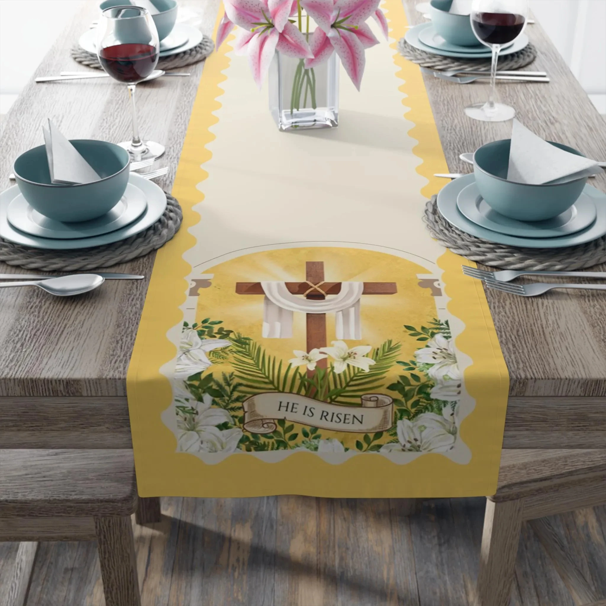 Easter Sunday Table Runner Catholic Decor, He is Risen Jesus Christ Religious Kitchen Dining Decor, Holiday House Gift