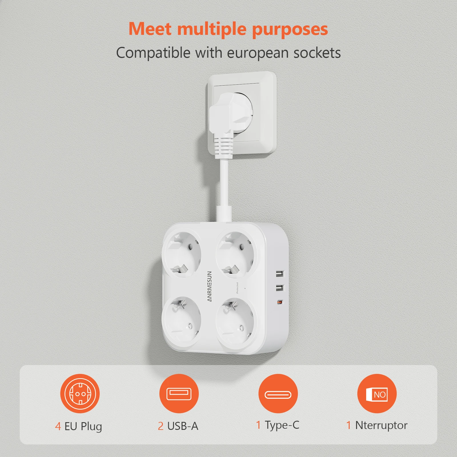 EU Plug Power Strip with 4 AC Outlets 2 USB 1 Type-C 0.5mm Cable Multi Socket with Switch for Home/Office Socket