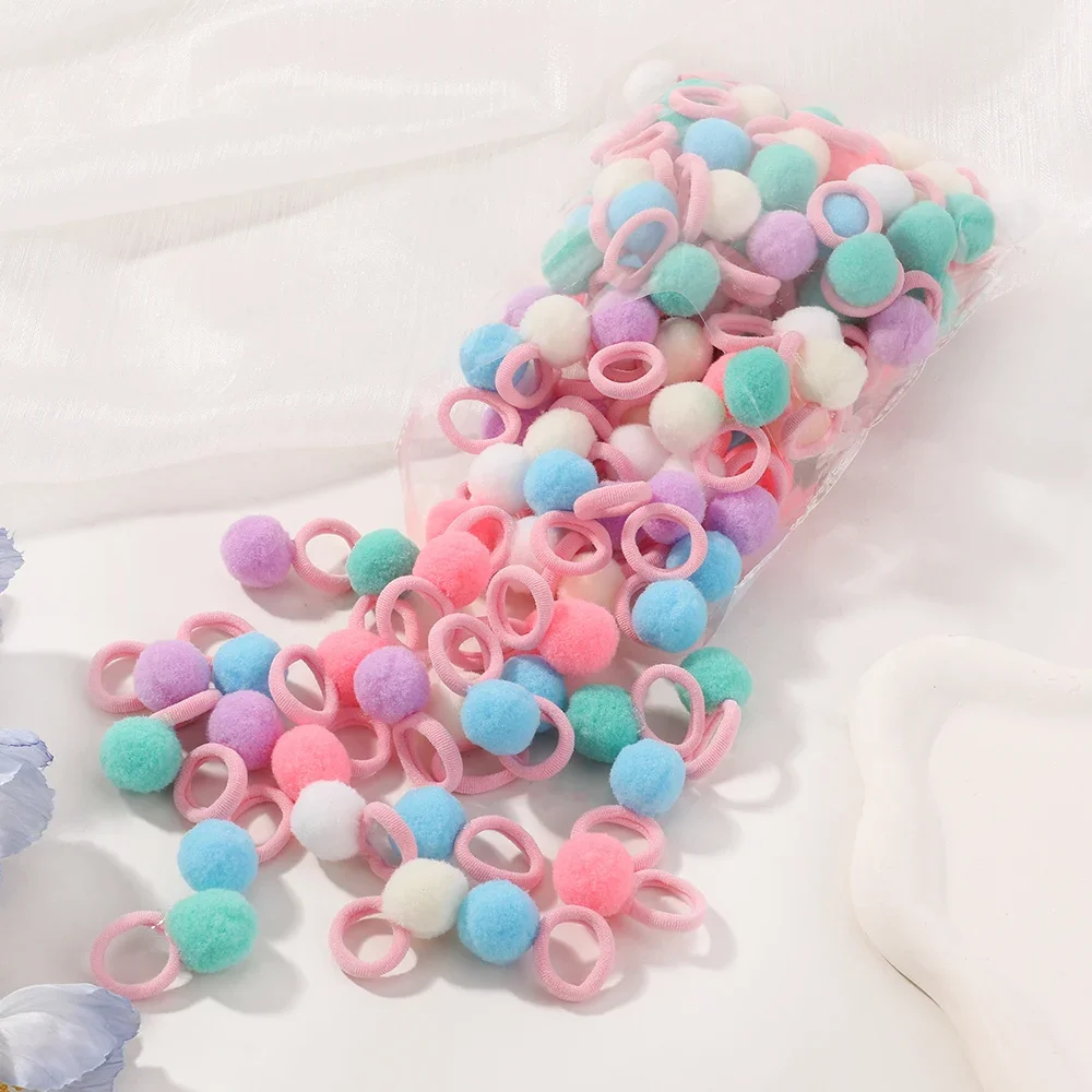 10개/세트 플러시 볼 탄성 헤어밴드 여자아이용 고무줄 스크런치 머리끈 아기 헤어 액세서리 어린이용 스위트 클립