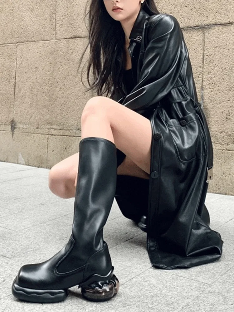 

Glossy Patent Leather Mid-Calf Boots Square Toe Thick Sole Boots Runway Party Shoes for Women 2023 Autumn Winter Concise Luxury