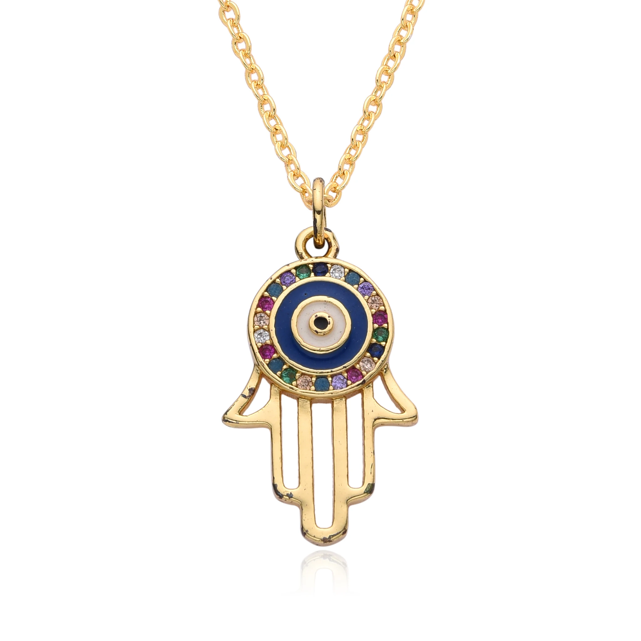 Gold Color Turkish Evil Eye Charms Micro-inlaid CZ Fatima Hand Necklace for Women Emo Choker Chain Pendant DIY Jewelry Wholesale