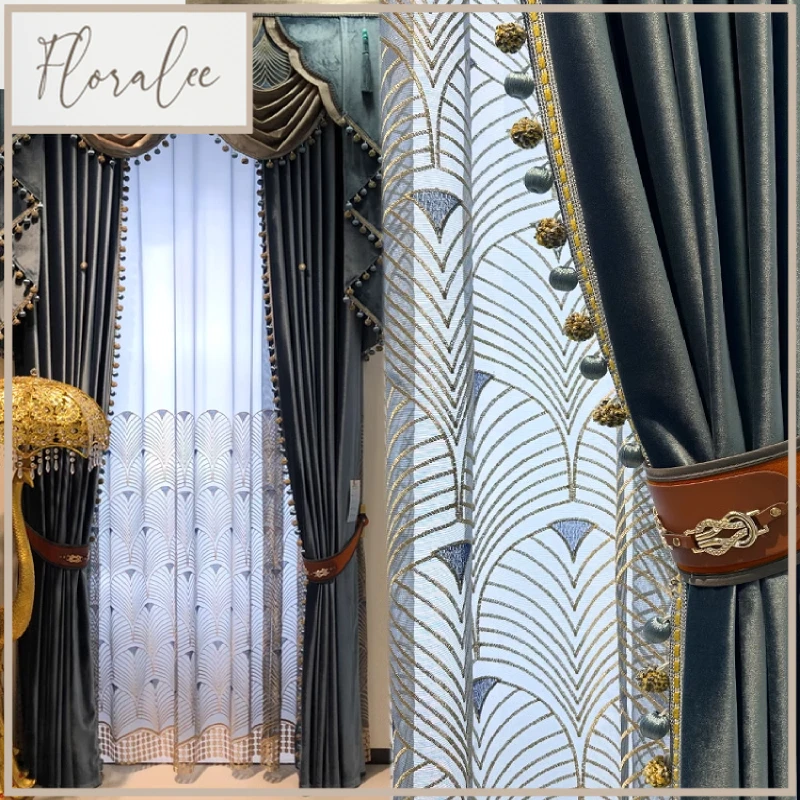 

High End Embroidery Gauze Blue Velvet Blackout Curtains For Living Room Bedroom French Window Balcony Customized Products