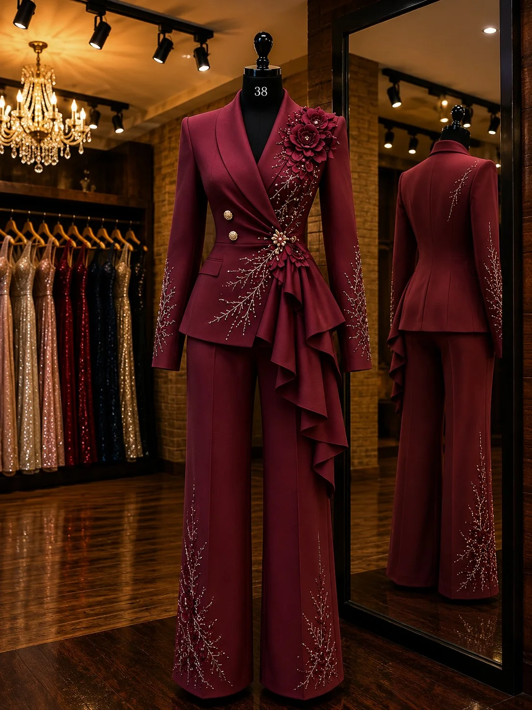 Women's Dresses Suit Gowns Flower Appliques Lace One Button Jacket Coat And Pants For Female Satin 2-Piece-Suit Customized W7295