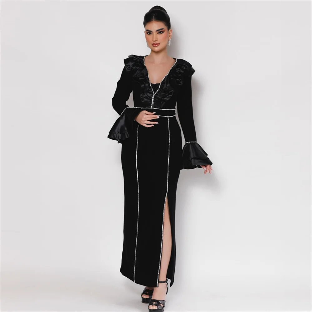 

Formal Gown Evening Saudi Arabia Dearin V-neck Column Ankle Length Skirts Vertically Bead Flouncing Bespoke Occasion Dresses Pro