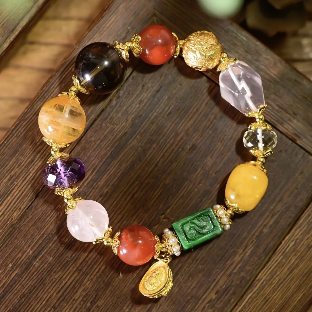 S925 Silver Multi-gem Bracelet with A Jadeite, Amber, Agate, Amethyst & Smoky Quartz Vintage Women Wrist Jewelry