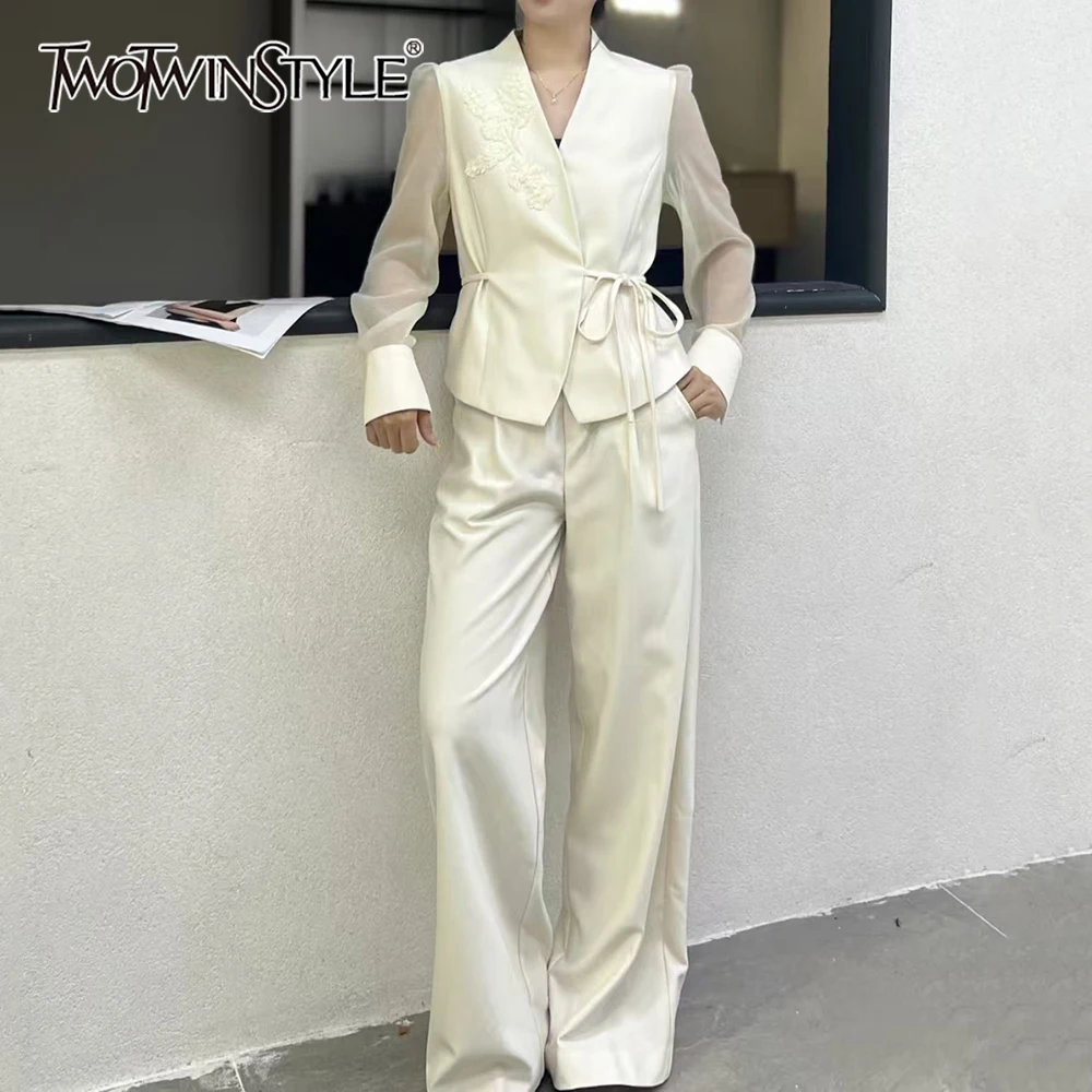 

TWOTWINSTYLE Solid Spliced Lace Up Two Piece Set Female V Neck Long Sleeve Jacket Temperament Women's Trousers Set Fashion New
