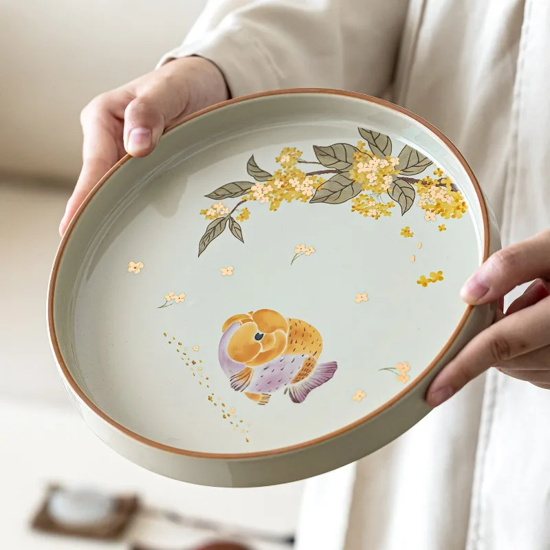 

Plant ash round dry bubble plate, high-end ceramic plate, household water storage small tea table, high-value dim sum plate