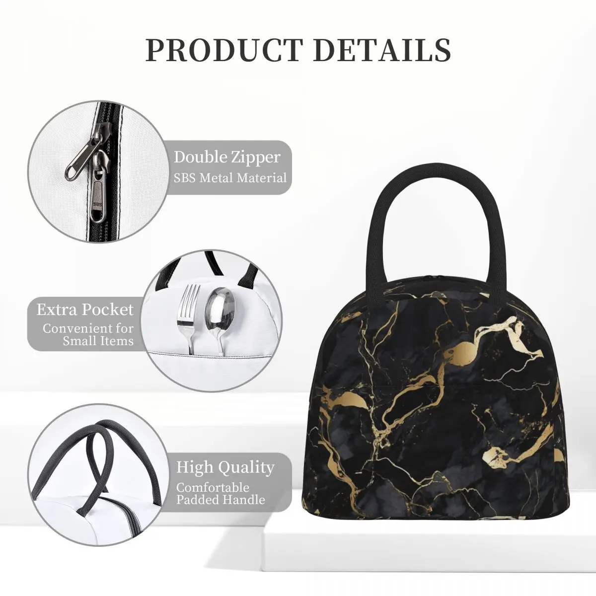 

Classic Black And Gold Marble Insulated Lunch Bag for Kids School Cooler Thermal Food Box Tote Leakproof Lunch Boxes Container