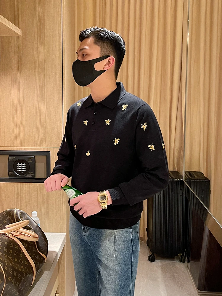 

Ybrother Luxury Men's Knitted irt Collared Bla with Embroidered Bee Design Faionable Autumn Wear for Youth