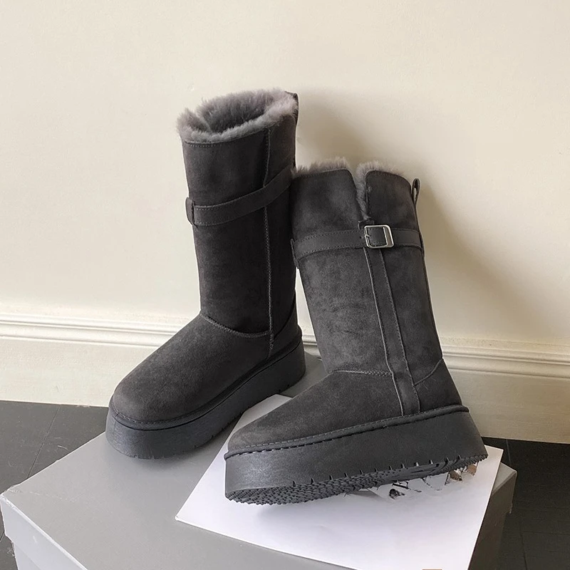 Mid-tube Schnee Stiefel Winter Neue Runde Kappe Wildleder Hülse Gürtel Schnalle Plattform Nicht-rutsch Verschleiß-beständig Baumwolle schuhe