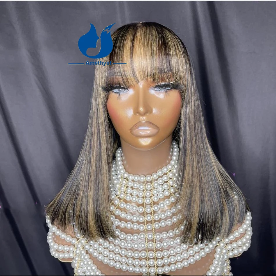 

Highlight Straight Human Hair Wig With Bangs O Scalp Top Full Machine Made Bob Wig for Black Women Remy Glueless Wave Amethyst