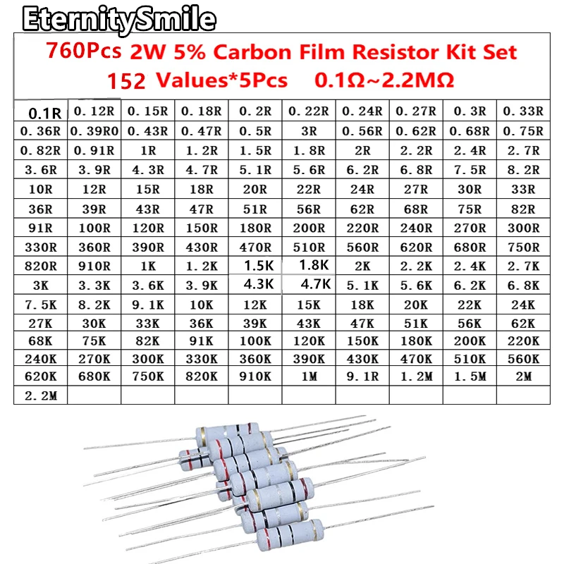 760Pcs/Pack 152 Values 2W 5% Carbon Film Resistor Kit 0.1Ω-2.2MΩ 1R 10R 470R 1K 4.7K 68K 820K 910K Ohm Resistance Assortment Set