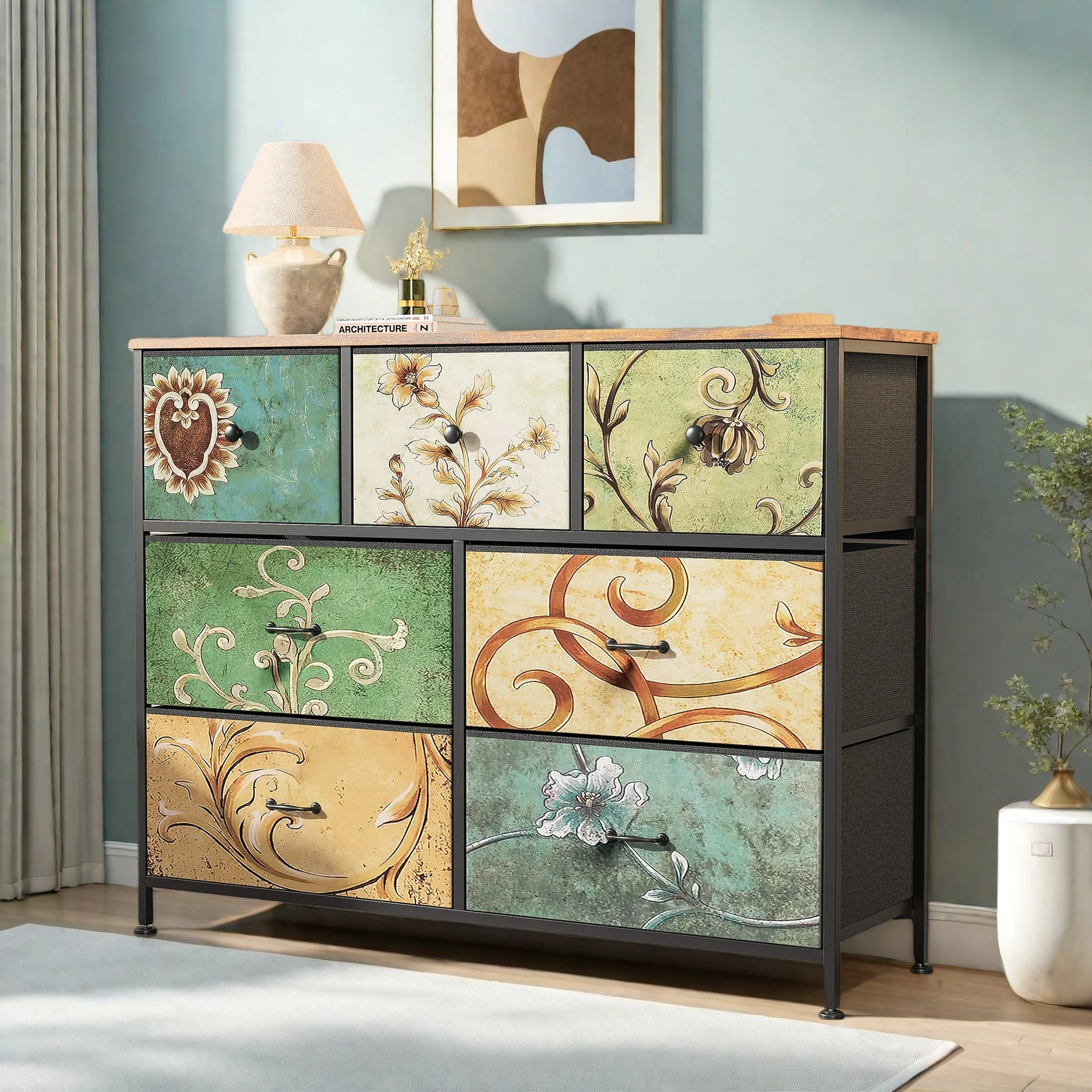 Cómoda de Tela Fangange con 6 Cajones, Cómoda para Dormitorio, Cómoda para Sala de Estar con Estructura de Acero
