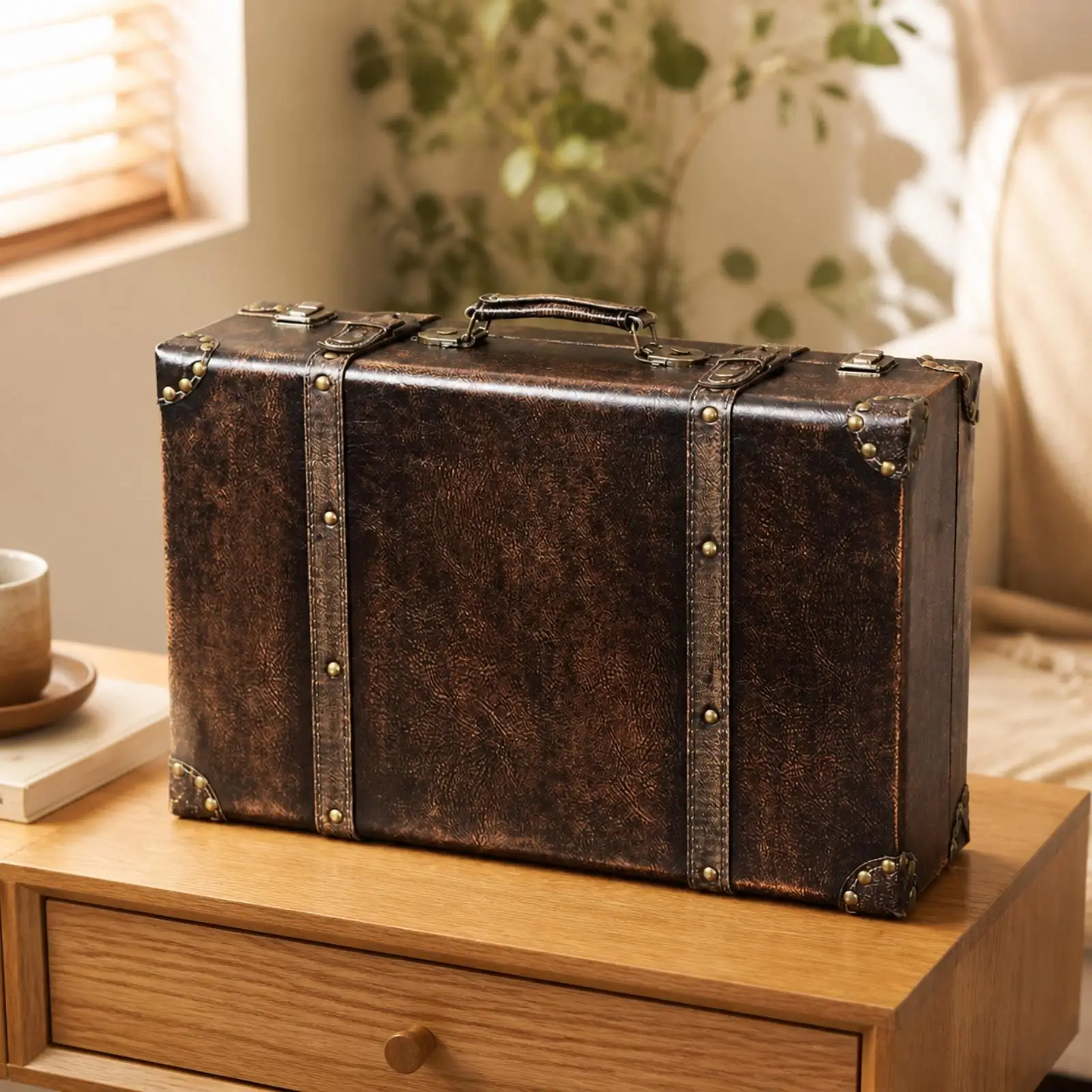 Rustic Storage Trunk with Hinged Lid for Jewelry Collectibles and Living Room Display