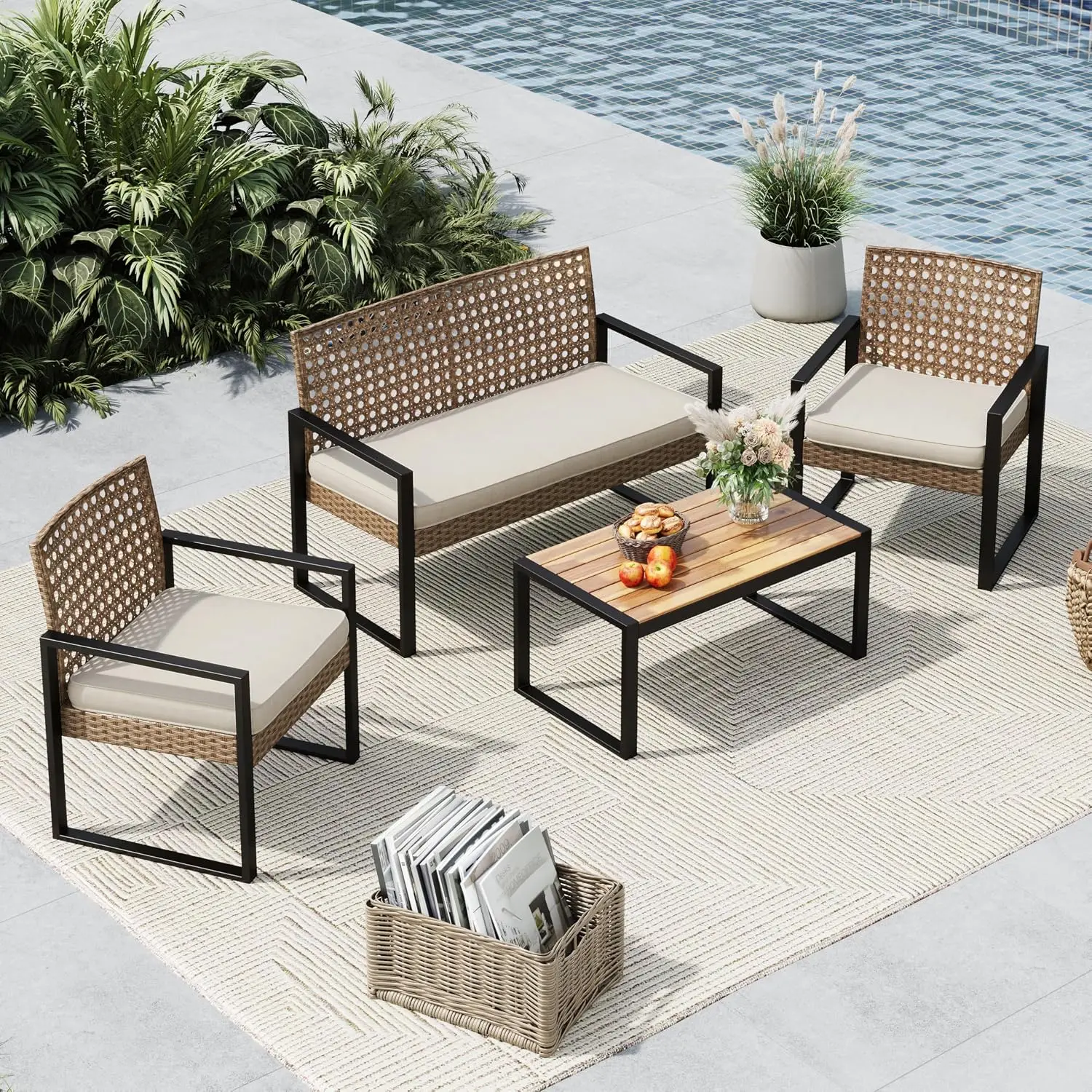 Brown Wicker Patio Furniture Set 4 Piece With Beige Cushions Outdoor Garden Balcony, Customized