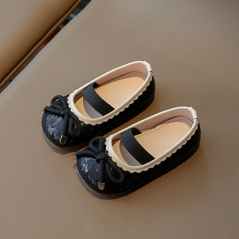 

Spring Autumn Girls Shallow Sequin Single Shoes Children Elastic Band Soft Soled Beanie Shoes Girl Strap Bow Princess Shoes Kids