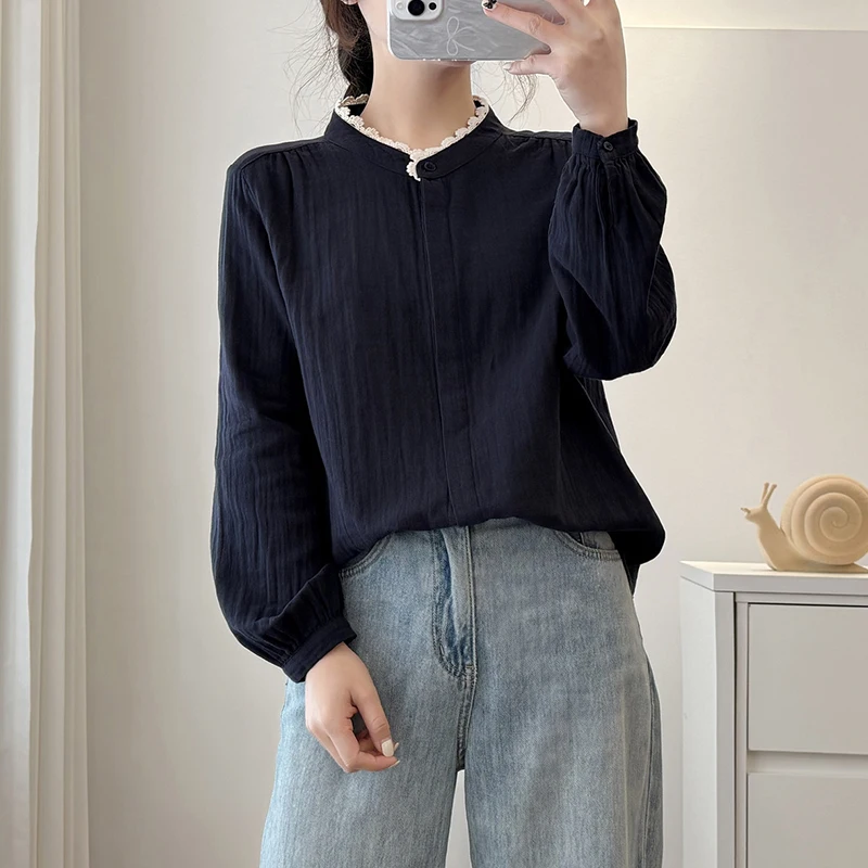 New Spring And Autumn Lace Stand-up Collar Cotton Tops Women Clothing Long-sleeved Solid Color Female Shirts & Blouses U111