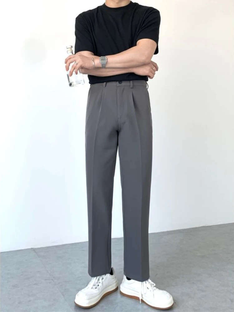 Men's Straight Wide Leg Pants Autumn Casual Loose Fit Trousers Korean Trendy High Waist All Match Flowy Fabric Dress Pants