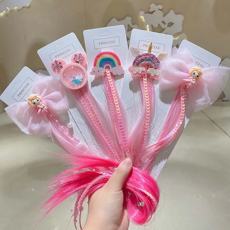 Pink Princess Children Wig Hairpins Kids Girls Hair Clip Fake Hair Twist Braider Headdress Hair Clips Barrettes Hair Accessories