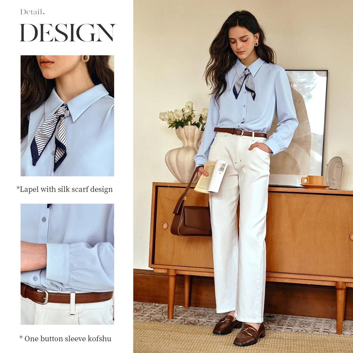 OLrain Elegant Simple women's Shirts 2025 Autumn New Long Sleeve Loose Shirt Solid Scarf-Neck Women's Blouses Tops O57QC000290