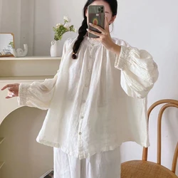 Johnature New Vintage Linen Womens Tops And Blouses 2025 Autumn Loose Ruffles Full Lantern Sleeve Button Solid Color Shirts