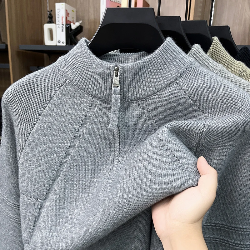 High end men's new knitted sweater fashion half zipper stand up collar warm thicken autumn winter solid color casual pullover
