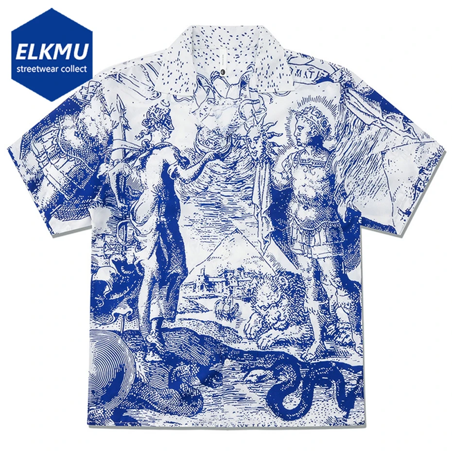 

Men Streetwear Harajuku Shirts Summer Hawaii Graphic Shirts Short Sleeve Button Up Blouse Hip Hop Shirts