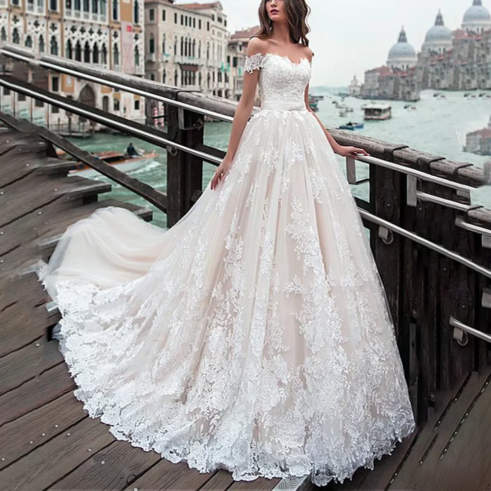 

Luxury White Lace Wedding Dresses For Women Fashion Off The Shoulder A-Line Gowns Elegant Sweep Train Bridal Tailored Dresses