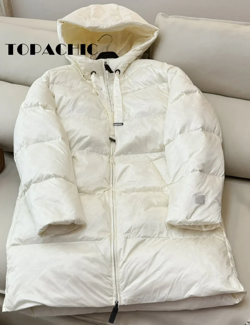 8.28 TOPACHIC-Women Clothes Casual All-matches Mid-Length Hooded Coat High Quality White Goose Down Keep-Warm Zipper Outerwear