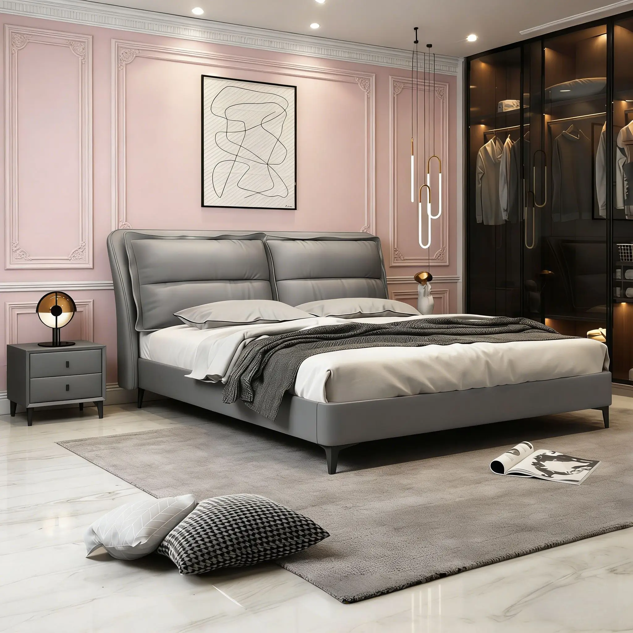 #Italian Minimalist Leather Bed Modern Light Luxury Nordic Ins Style Designer Double Bed For Master Bedroom
