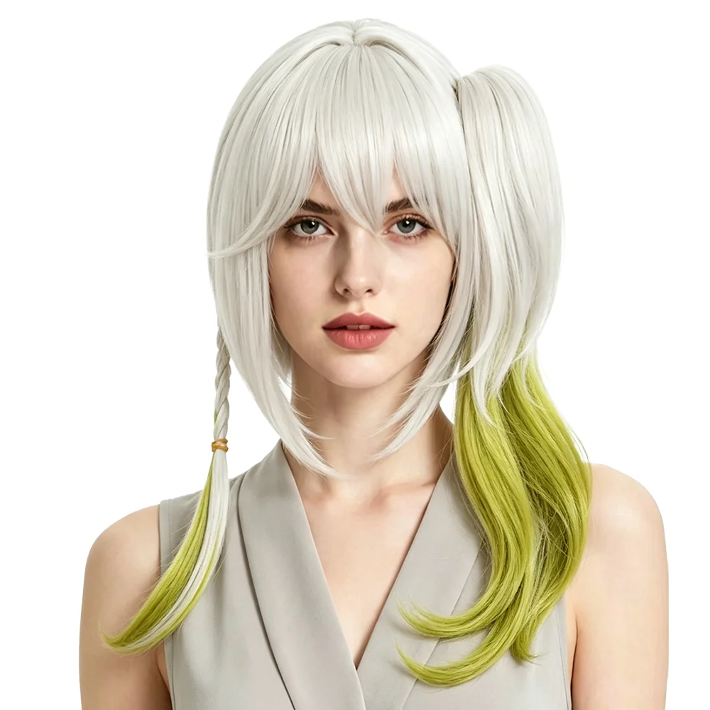 Nahida Cosplay Wig Silver Gradient Light Green Side Ponytail Wig With Braid Bangs Heat Resistant Synthetic Hair For Anime Party
