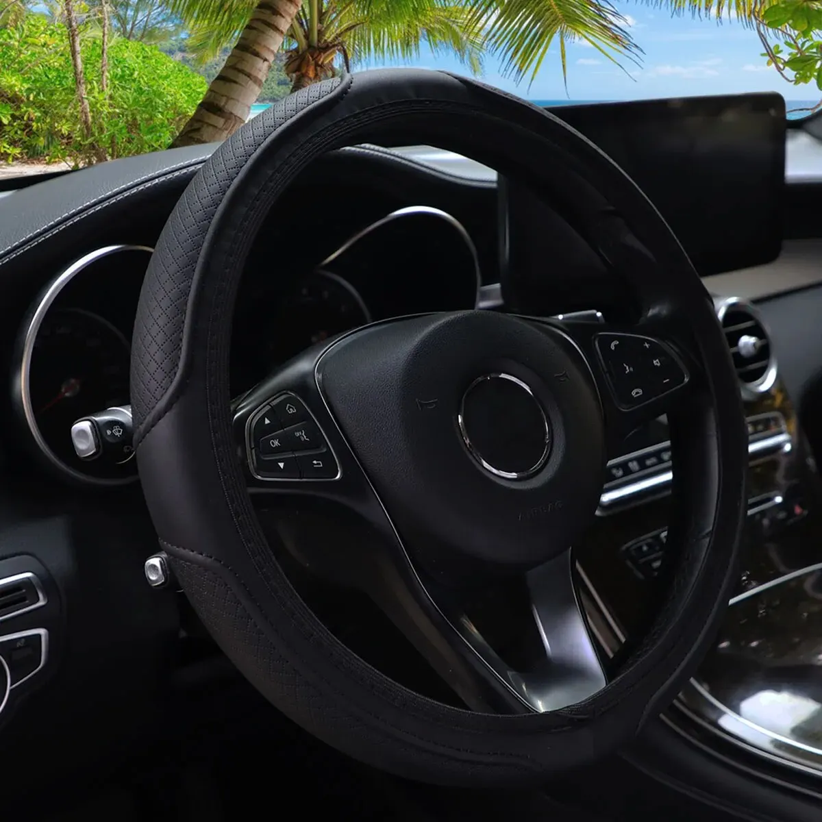 1Pc Artificial Leather Embossed Steering Wheel Cover Without Inner Ring 14.5-15 Inch Auto Accessory Black Blue