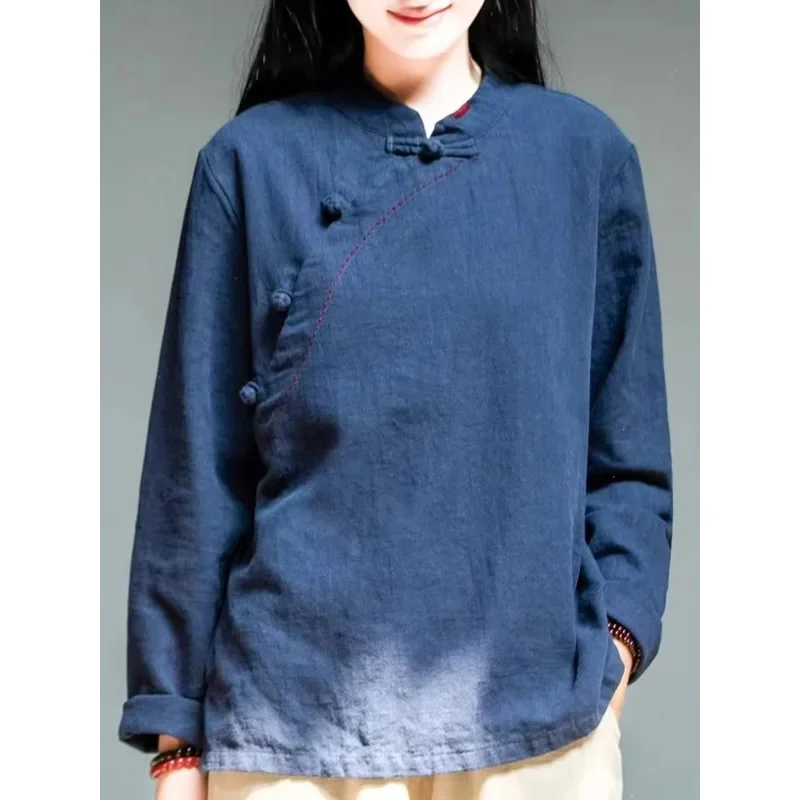 

New Autumn T Shirts with Chinese Design for Woman Breathable Ladies' Cotton Linen Shirt Blouse Chinese Traditional Hanfu Blouse