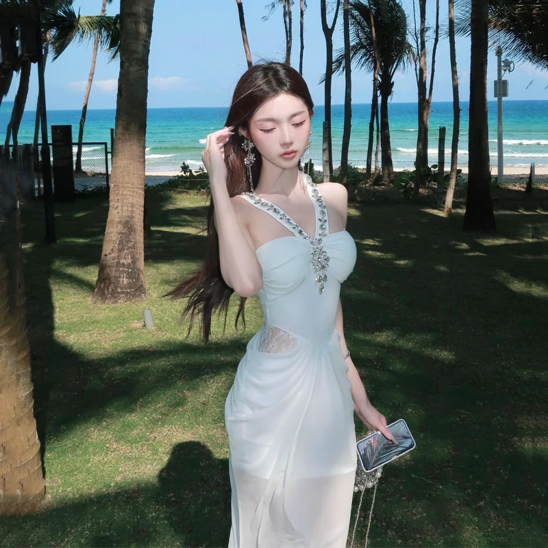 RORORIRI Sheer Mesh Stitch Lace Diamond Tank Dress Women Off-shoulder Pleated Slim Bodycon Mermaid Long Dress Sexy Party Clothes