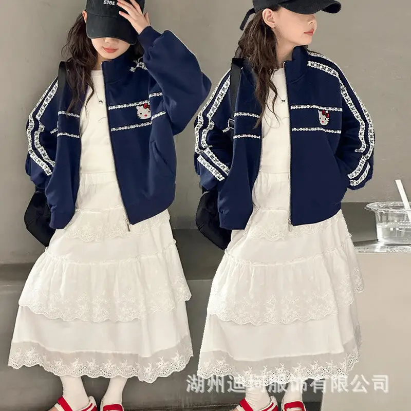 

Hot Sanrio Girl Baseball Jersey Hello Kitty Kawaii Anime Fashion Autumn Zipper Long-Sleeved Tops Jacket Children's Clothing New