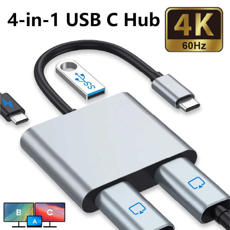 

USB-хаб 4-в-1 с двумя портами HDTV, поддержкой одного дисплея 4K 60 Гц и двух дисплеев 4K 30 Гц, зарядкой PD 87 Вт и USB 2.0 для ноутбуков и планшетов